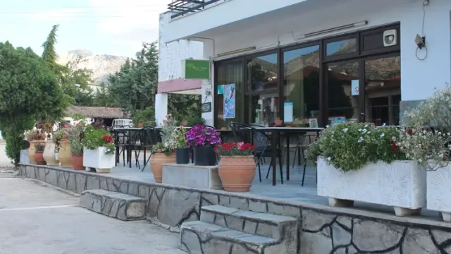A terrace with metal tables and many flowering pots on a stone wall, facing a white building