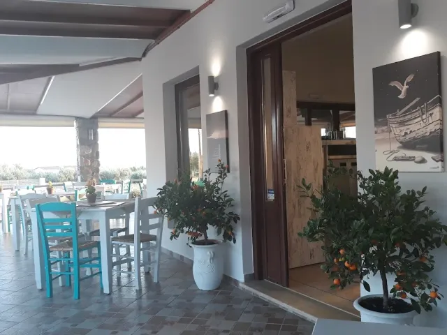 A covered veranda with turquoise chairs, potted citrus trees and a picture of a boat on the wall