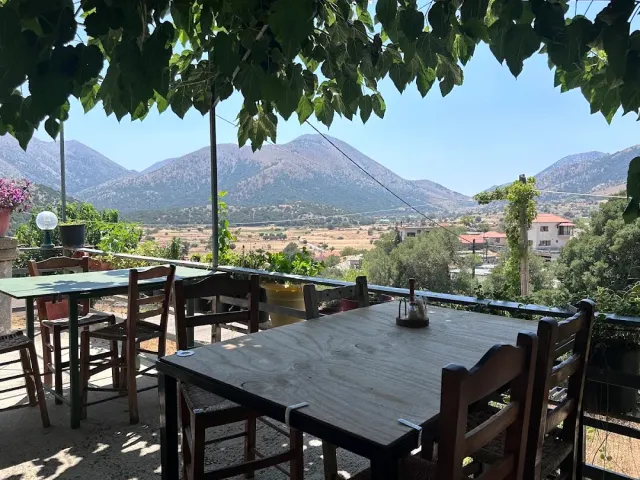 Wooden tables in the shade of a vine, with a valley and a village at the foot of a mountain ridge behind