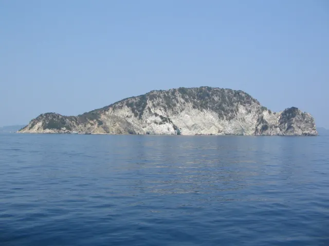 A small wooded island shaped like a turtle's back, in calm blue water