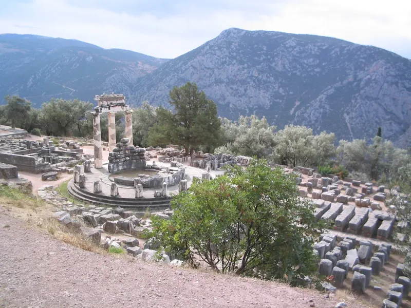 The columns of the round tholos at the sanctuary of Athena Pronaia in Delphi