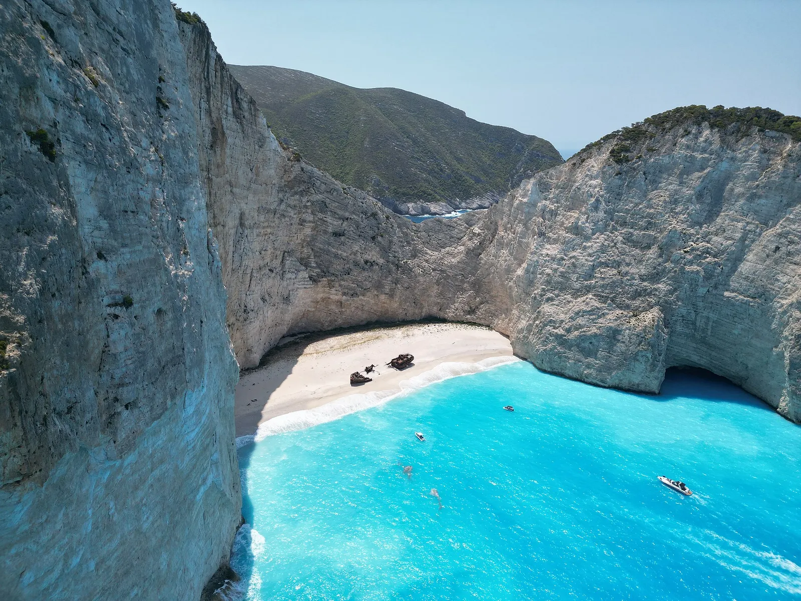The enclosed cove and turquoise water of Navagio beach seen from above on Zakynthos, Greece